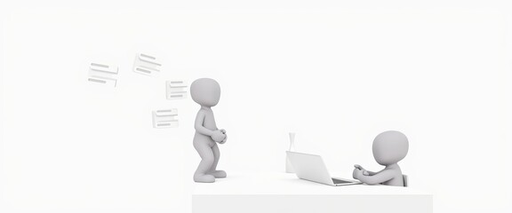 3D stick figure software developer, minimalist white style, ideal for tech presentations with copy space