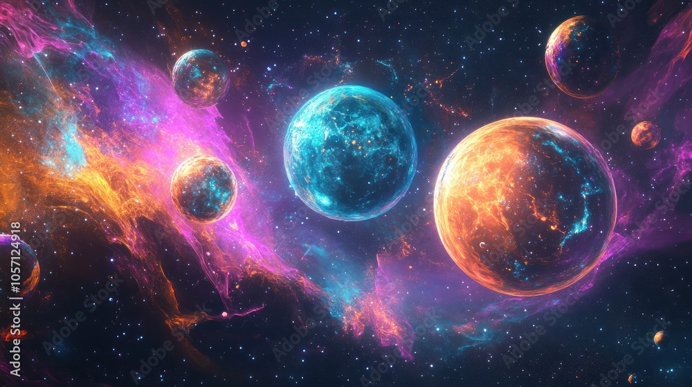 Poster a mesmerizing abstract scene with glowing quantum planets forming a cosmic system surrounded by floa