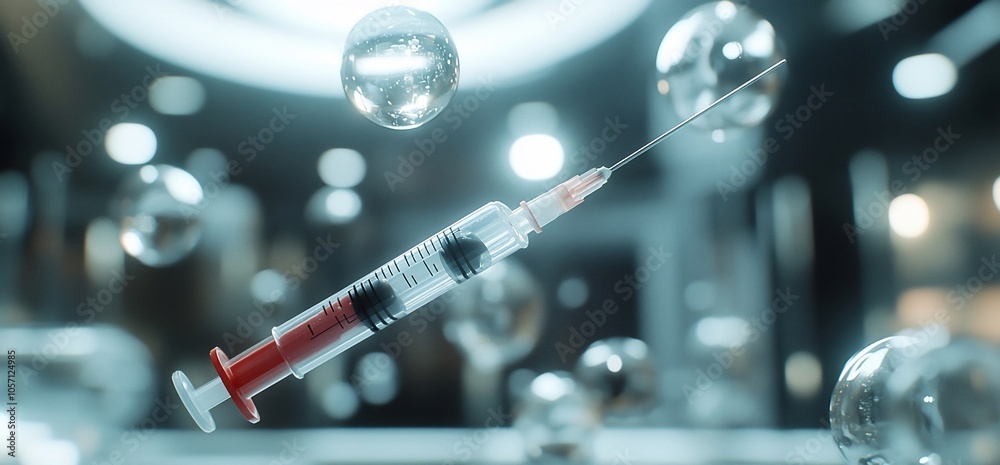 Poster A close-up of a syringe with a red liquid inside, floating in the air with a blurred background of bubbles.