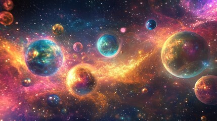 A mesmerizing abstract scene with glowing quantum planets forming a cosmic system surrounded by floating particles
