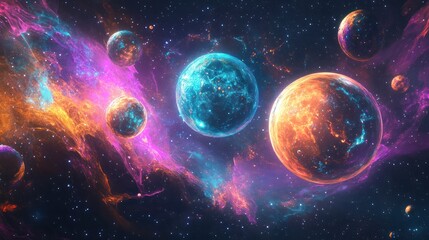 Fototapeta premium A mesmerizing abstract scene with glowing quantum planets forming a cosmic system surrounded by floating particles