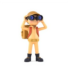 3D stick figure character in hiking gear with binoculars, minimalist and glossy style, for wildlife exploration visuals and outdoor adventure themes, with copy space
