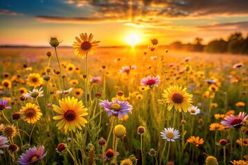 Fototapeta premium Warm golden light illuminates a field of delicate wildflowers, botanical, field, green