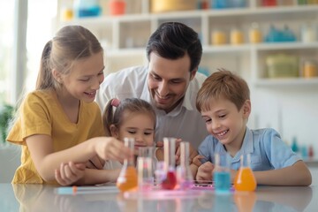 Parent and two kids doing a fun experiment in a bright classroom