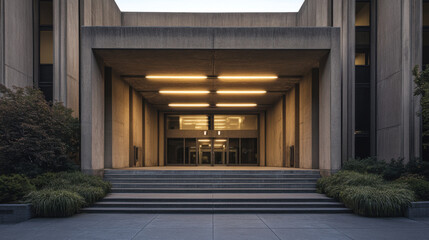striking brutalist theater entrance at dusk, featuring concrete slabs and illuminated by warm lights, creating dramatic atmosphere. surrounding greenery adds touch of nature to architectural design