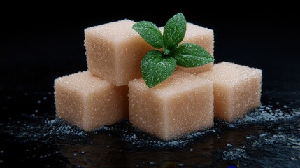 Sugar Cubes with Mint Leaves and Water Drops   Sweet Food Photography