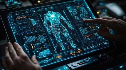 Fototapeta premium Macro shot of a doctor reviewing electronic patient diagnostics on a futuristic interface in a high-tech clinic, capturing data visualization. Realistic and professional.