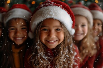 Smiling children in Santa hats enjoying the festive season with snow.