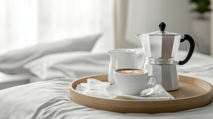 A tray with a coffee pot and a cup of coffee