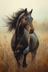 Realistic painting of black horse running with expressive features and flowing mane in serene countryside landscape, equine art for animal lovers, print for National Horse Day