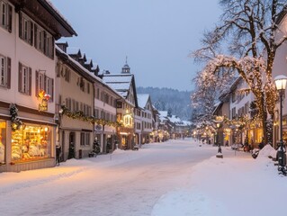 Charming snow-covered village street with festive lights in winter twilight