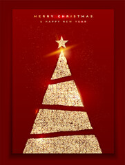 Red christmas cards with golden shiny christmas tree