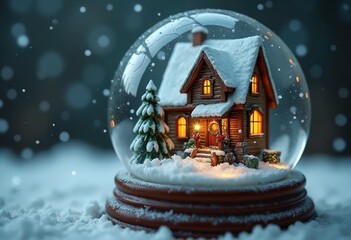 Christmas snow globe, Victorian house with wreath, snowfall