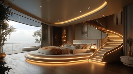 Luxury yacht interior featuring sophisticated furnishings and warm lighting, modern bedroom for design inspiration, capturing relaxing leisure life