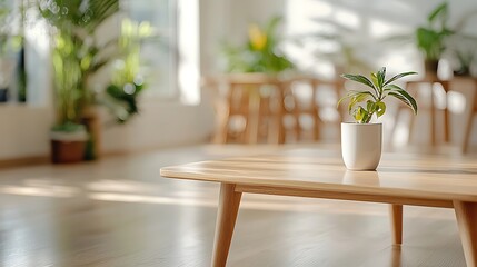 Fototapeta premium A tranquil indoor space featuring a minimalist table with a potted plant in bright natural light for a cozy atmosphere