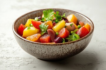 Vibrant salad in a speckled bowl featuring fresh vegetables and herbs.