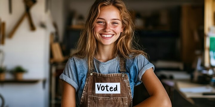 Smiling Woman in Workshop Wearing  Voted  Sticker   Election Day Portrait