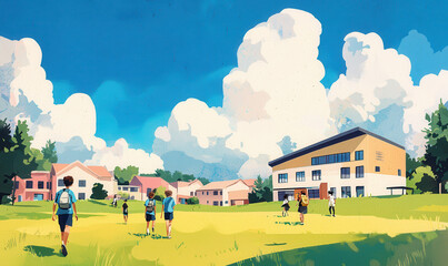 Sunny Day at School: Students Enjoying Outdoor Activities on a Green Campus