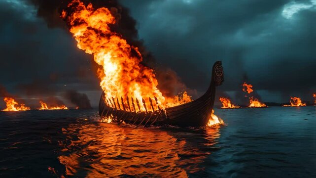 A Dramatic Viking Ship is Burning Very Intensely and Steadily on the Turbulent and Stormy Waters of the Ocean