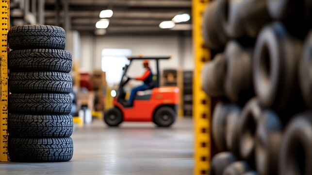 Modern tire warehouse with orange racks and forklift operator working with seasonal wheel storage system for automotive service
