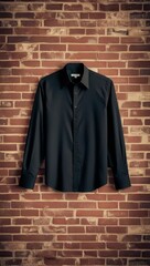 Naklejka premium A sleek black shirt hanging against a textured brick wall, showcasing its sharp design and modern appeal.