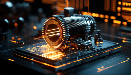 A detailed, futuristic digital circuit with a glowing motor structure, showcasing technology and innovation.