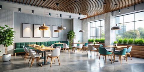 Fototapeta premium Modern Cafe Interior with Empty White Wall for Advertising Space - Contemporary Restaurant Design