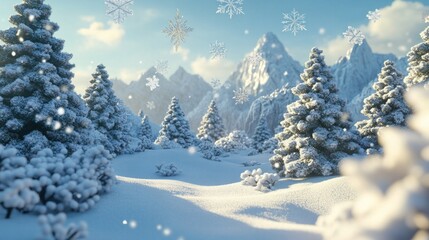 Fototapeta premium A snowy mountain range with trees and snowflakes