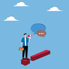 Warning message, shouting alert or danger warning, important message on loud speaker, emergency attention, safety or urgency scream concept, businessman shouting on megaphone with exclamation point