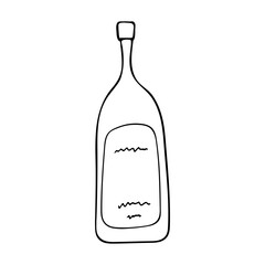 Wine glass bottle with label. Table setting. Transparent glass bottle in outline doodle style without filling. Hand draw black line vector illustration isolated on white back.