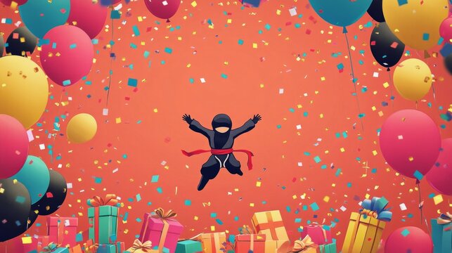 A ninja is jumping in the air in front of a bunch of balloons and presents