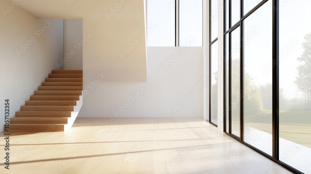 Poster a large, empty room with a staircase leading up to it