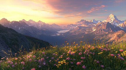 Obraz premium Majestic mountain range at sunrise, glowing with soft light, surrounded by vibrant wildflowers. breathtaking view that evokes tranquility and awe
