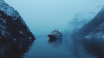 Stunning fjord landscape with a cruise ship in Flam, Norway.