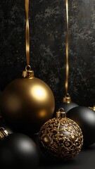 Black vertical background with gold Christmas balls and copy space. New Year, winter holidays.	