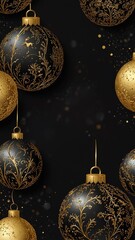 Black vertical background with gold Christmas balls and copy space. New Year, winter holidays.	