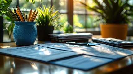 Fototapeta premium A workspace with plants, stationery, and notebooks for productivity.