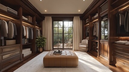 Fototapeta premium Elegant walk-in closet with stylish furnishings and natural light.