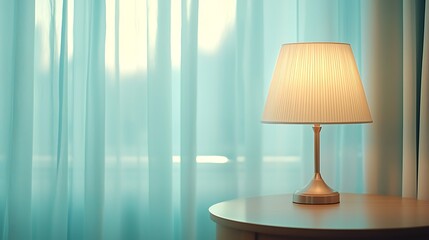 A softly lit table lamp illuminating an elegant room with sheer aqua curtains in a cozy atmosphere