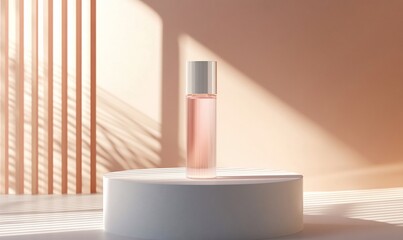 A glass bottle of pink liquid on a white podium with natural light and shadows in a minimal, modern setting.