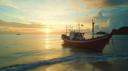 Obraz premium A fishing boat at sunrise on Rawai Beach, Phuket Province, Thailand.