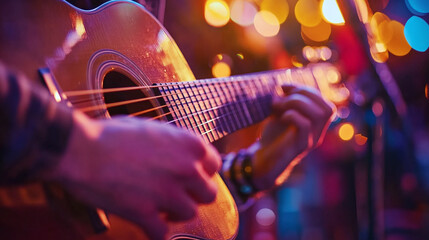 Fototapeta premium Strings of Passion: A Close-Up of Acoustic Guitar in Action