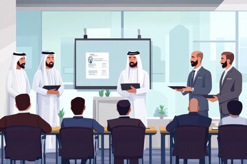 Business Meeting with Arab Men and Presentation Board