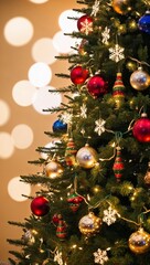 Beautifully decorated Christmas tree and defocused golden bokeh lights. magic festive atmosphere. Christmas copy space greeting card