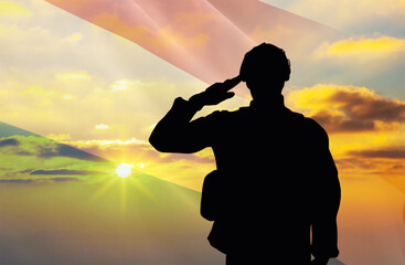 Silhouette of a soldier with a background of the Luxembourg flag and a sunset or sunrise. Concept of national holidays. Commemoration Day.