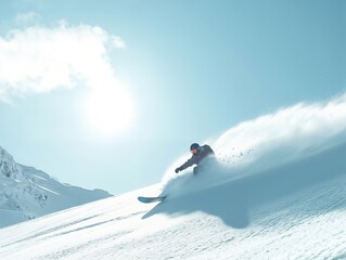 snowboarder in action, carving through fresh snow on a sunlit mountain