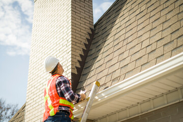 man with hard hat standing on steps inspecting house roof