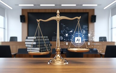 AI and the Scales of Justice:  A symbolic image depicting a golden scale of justice with books representing legal precedent balanced against AI technology, set within a courtroom.