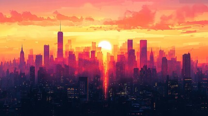 Fototapeta premium A bustling city skyline at sunset, with skyscrapers silhouetted against the orange and pink sky, capturing the energy of a metropolitan city