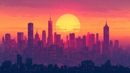 Fototapeta premium A bustling city skyline at sunset, with skyscrapers silhouetted against the orange and pink sky, capturing the energy of a metropolitan city